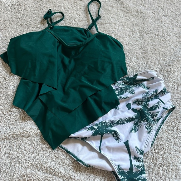 Other - Green Layered Swimsuit with Palm Print